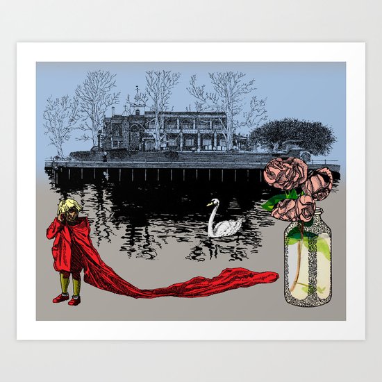 The Boy, The Roses and The Church Swan. Art Print