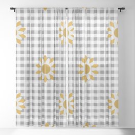 Gray Beige Colored Checker Board Effect Grid Illustration with Yellow Mustard Daisy Flowers Sheer Curtain
