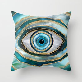Evil Eye Amulet Watercolor marbles and gold Throw Pillow