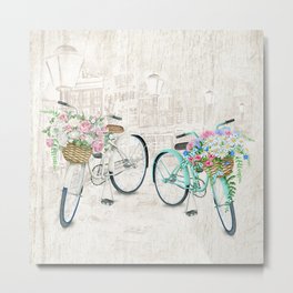 Vintage Bicycles With a City Background Metal Print | Streetlamps, Cute, Flowerbaskets, Urban, Black, Painting, Citybackground, Bicycle, Bicycles, Wheels 
