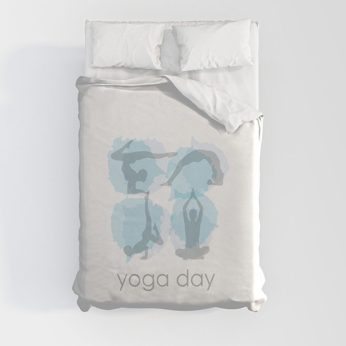 Yoga day workout silhouettes on watercolor paint splashes	 Duvet Cover
