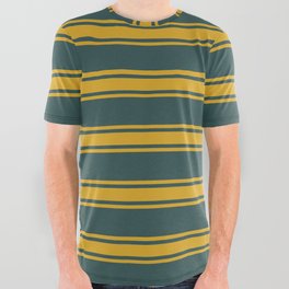 [ Thumbnail: Dark Slate Gray & Goldenrod Colored Pattern of Stripes All Over Graphic Tee ]