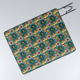 Colorful Floral Pattern On Green Blue Background Picnic Blanket
