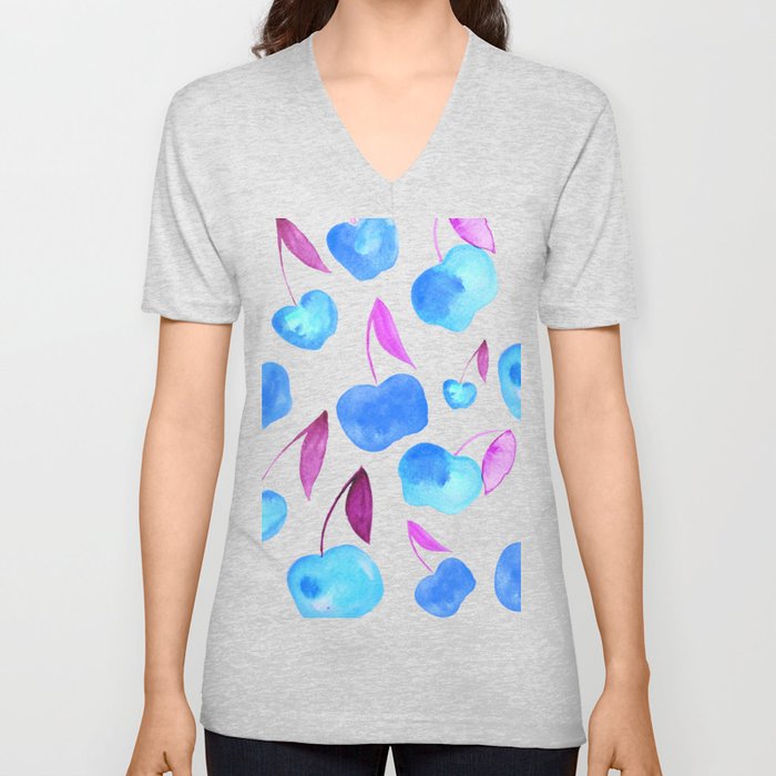 Watercolor cherries - blue and purple V Neck T Shirt