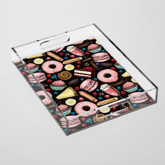 Sweet treats, Pink and blue on black Acrylic Tray