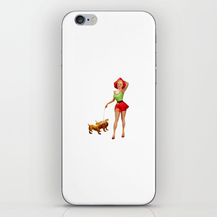 Sexy Blonde Pin Up With Green Dress Red Skirt And Two Dogs iPhone Skin