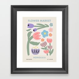Flower Market Honolulu, Playful Retro Botanical Pastel Print Framed Art Print