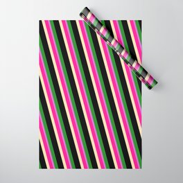 [ Thumbnail: Vibrant Deep Pink, Beige, Black, Forest Green, and Orchid Colored Lines Pattern Wrapping Paper ]