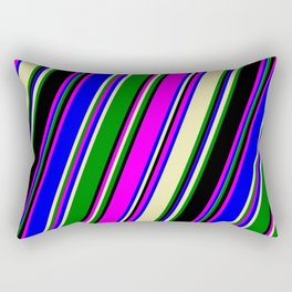 [ Thumbnail: Eye-catching Fuchsia, Blue, Pale Goldenrod, Green, and Black Colored Pattern of Stripes Rectangular Pillow ]