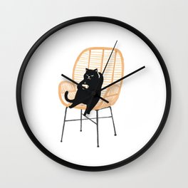 Lazy cat 2 enjoying coffee on rattan chair  Wall Clock