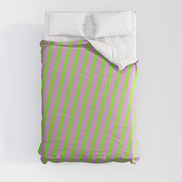 [ Thumbnail: Plum & Green Colored Pattern of Stripes Comforter ]