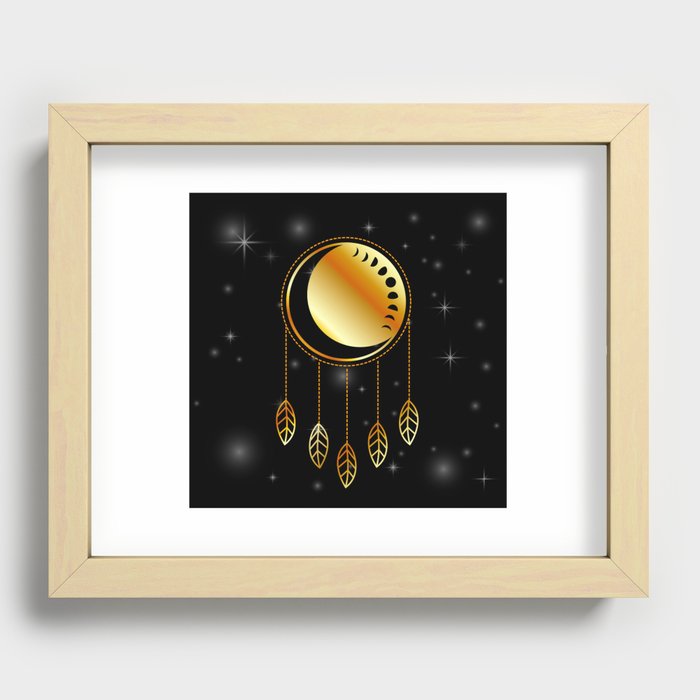 Moon phases dreamcatcher with stars in gold	 Recessed Framed Print