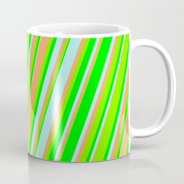 [ Thumbnail: Turquoise, Brown, Green, and Lime Colored Lines Pattern Coffee Mug ]