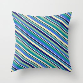 [ Thumbnail: Dark Sea Green, Dark Cyan, Royal Blue, Pale Goldenrod, and Midnight Blue Colored Stripes Pattern Throw Pillow ]
