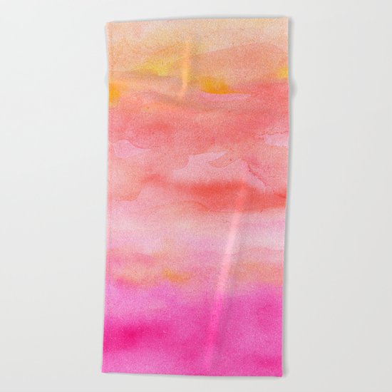 Bright pink orange sunset watercolor hand painted Beach Towel