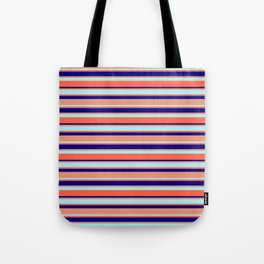 [ Thumbnail: Blue, Dark Salmon, Turquoise, and Red Colored Striped/Lined Pattern Tote Bag ]