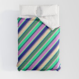 [ Thumbnail: Eyecatching Beige, Green, Dark Blue, Sea Green, and Orchid Colored Lines/Stripes Pattern Comforter ]