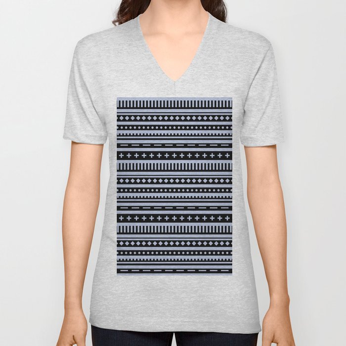 Black and Pastel Blue Shape Stripe Pattern Pairs DE 2022 Trending Color Prim Blue DE5898 V Neck T Shirt