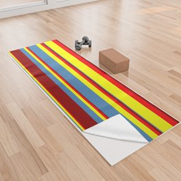[ Thumbnail: Red, Yellow, Blue & Dark Red Colored Stripes/Lines Pattern Yoga Towel ]