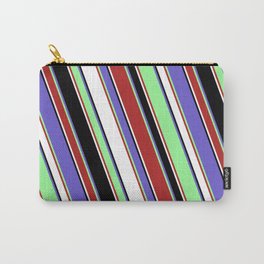 [ Thumbnail: Vibrant Green, Red, White, Black & Slate Blue Colored Lined Pattern Carry-All Pouch ]