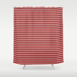 [ Thumbnail: Red, Beige, Dark Red, and Slate Gray Colored Striped Pattern Shower Curtain ]