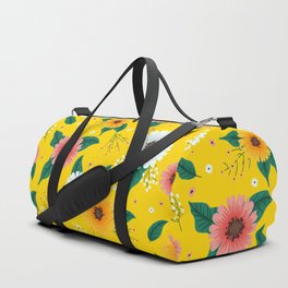 Colorful Spring Flowers Pattern in Yellow Background Duffle Bag