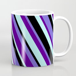 [ Thumbnail: Slate Blue, Indigo, Turquoise & Black Colored Striped Pattern Coffee Mug ]