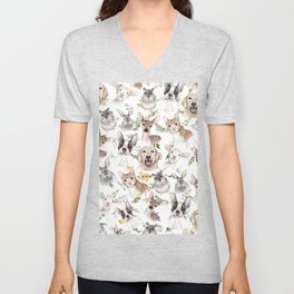Watercolor black white brown forest animals green foliage floral  V Neck T Shirt