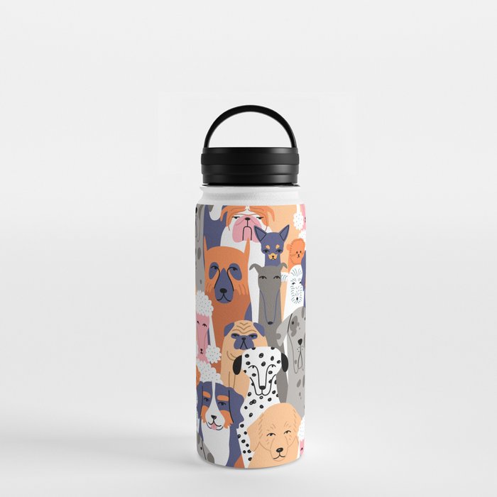 Funny diverse dog crowd character cartoon background Water Bottle