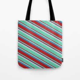 [ Thumbnail: Powder Blue, Aquamarine, Blue, and Red Colored Lined/Striped Pattern Tote Bag ]