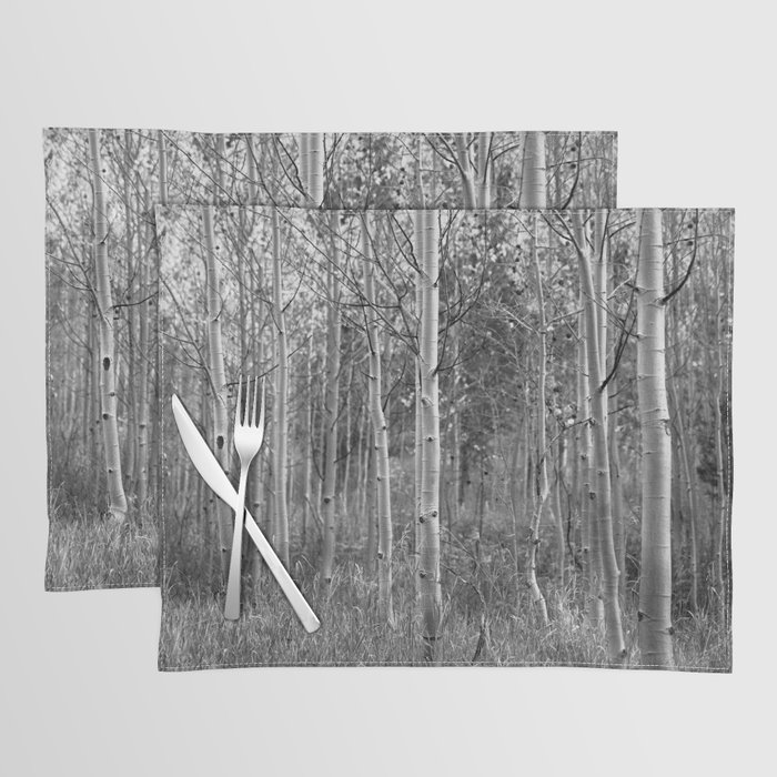 Aspen Always - Grove of Aspen Tree Trunks at Maroon Bells Colorado in Black and White Placemat