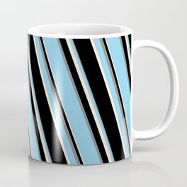 [ Thumbnail: Sky Blue, Beige, Black, and Grey Colored Stripes Pattern Coffee Mug ]