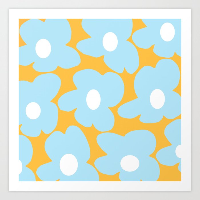 Large Baby Blue Retro Flowers Mustard Yellow Background #decor #society6 #buyart Art Print