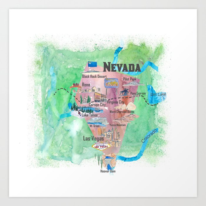 USA Nevada State Illustrated Travel Poster Favorite Map Art Print