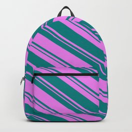 [ Thumbnail: Teal and Violet Colored Striped/Lined Pattern Backpack ]