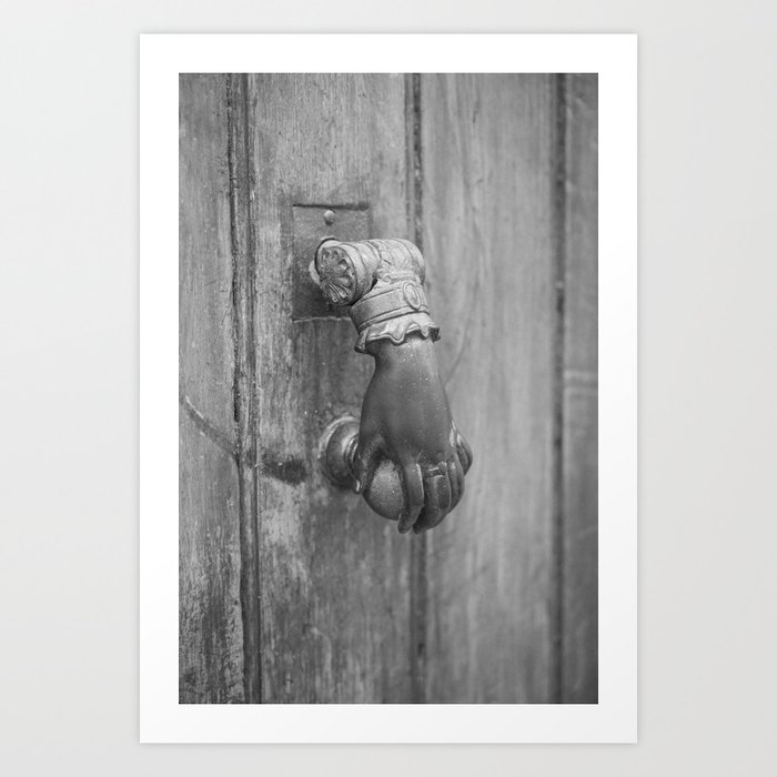 The hand -Black and white french doorknocker - vintage, retro Paris wooden door - Travel photography Art Print