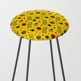 Ladybug and Floral Seamless Pattern on Yellow Background Counter Stool