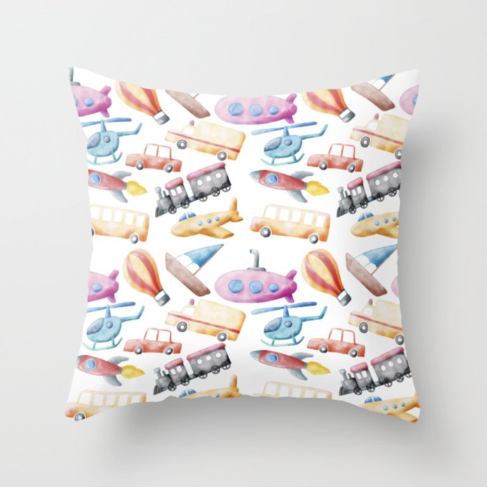 Transportation Kids Watercolor Pattern Illustration Throw Pillow