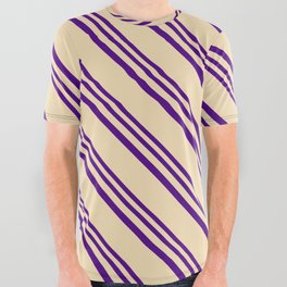 [ Thumbnail: Indigo and Tan Colored Stripes/Lines Pattern All Over Graphic Tee ]