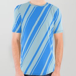 [ Thumbnail: Blue & Light Blue Colored Lines/Stripes Pattern All Over Graphic Tee ]