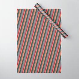 [ Thumbnail: Coral, Dark Slate Gray, Grey, and Crimson Colored Pattern of Stripes Wrapping Paper ]