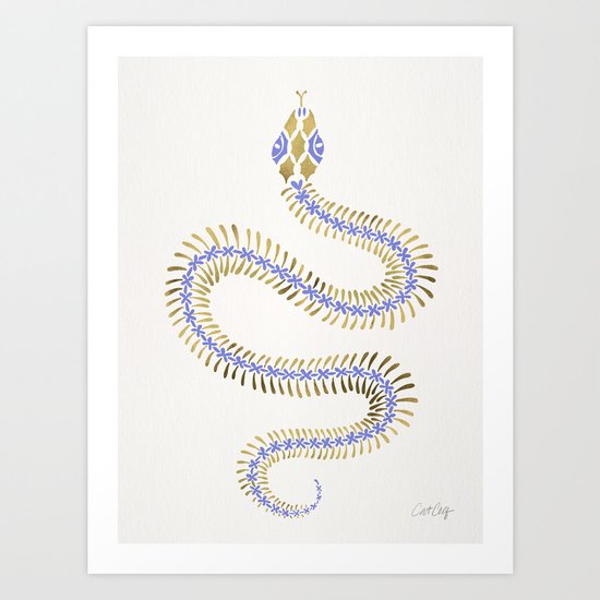 Snake Skeleton – Periwinkle & Gold Art Print