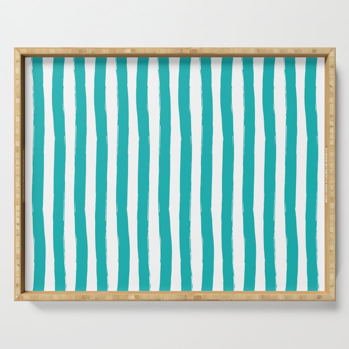 Turquoise and White Cabana Stripes Palm Beach Preppy Serving Tray