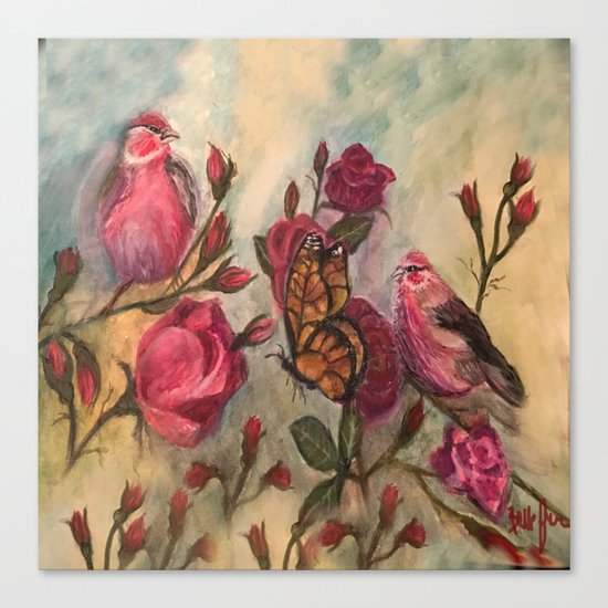 Birds and Roses - watercolor Canvas Print