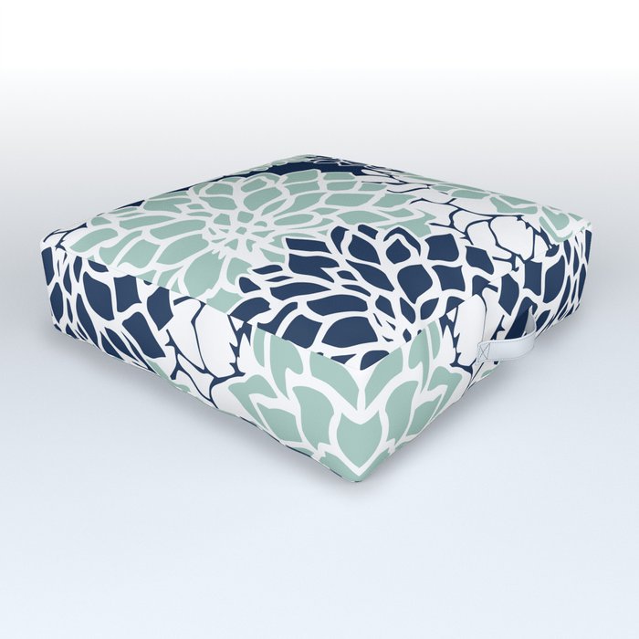 Flower Blooms, Navy Blue and Teal Outdoor Floor Cushion