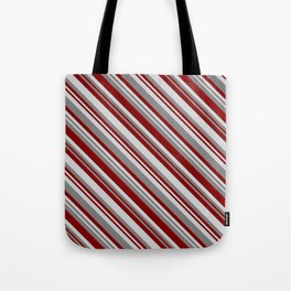 [ Thumbnail: Grey, Maroon, and Light Gray Colored Stripes Pattern Tote Bag ]