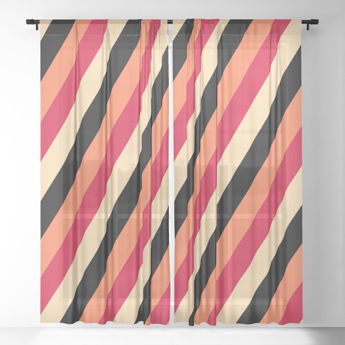 Crimson, Tan, Black, and Coral Colored Lines/Stripes Pattern Sheer Curtain