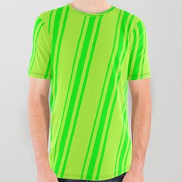 [ Thumbnail: Light Green and Lime Colored Striped Pattern All Over Graphic Tee ]