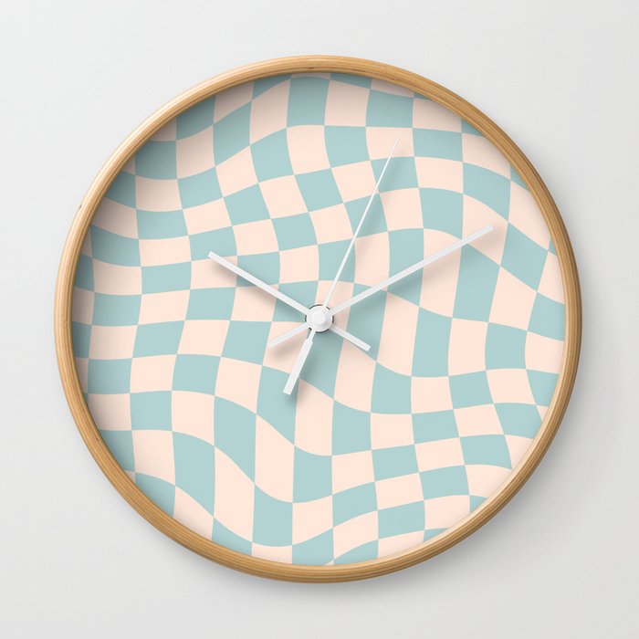 Retro Danish Pastel Light Blue Warped Checkerboard Wall Clock