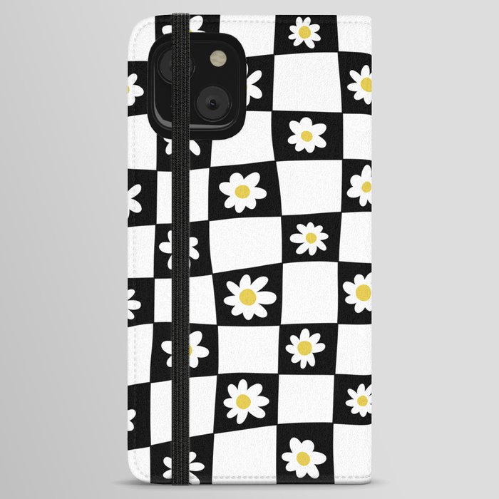 Hand Drawn Checkered Daisy Pattern (black/white/yellow) iPhone Wallet Case